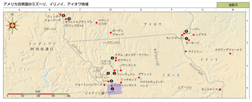 地図 5 アメリカ合衆国のミズーリ イリノイ アイオワ地域