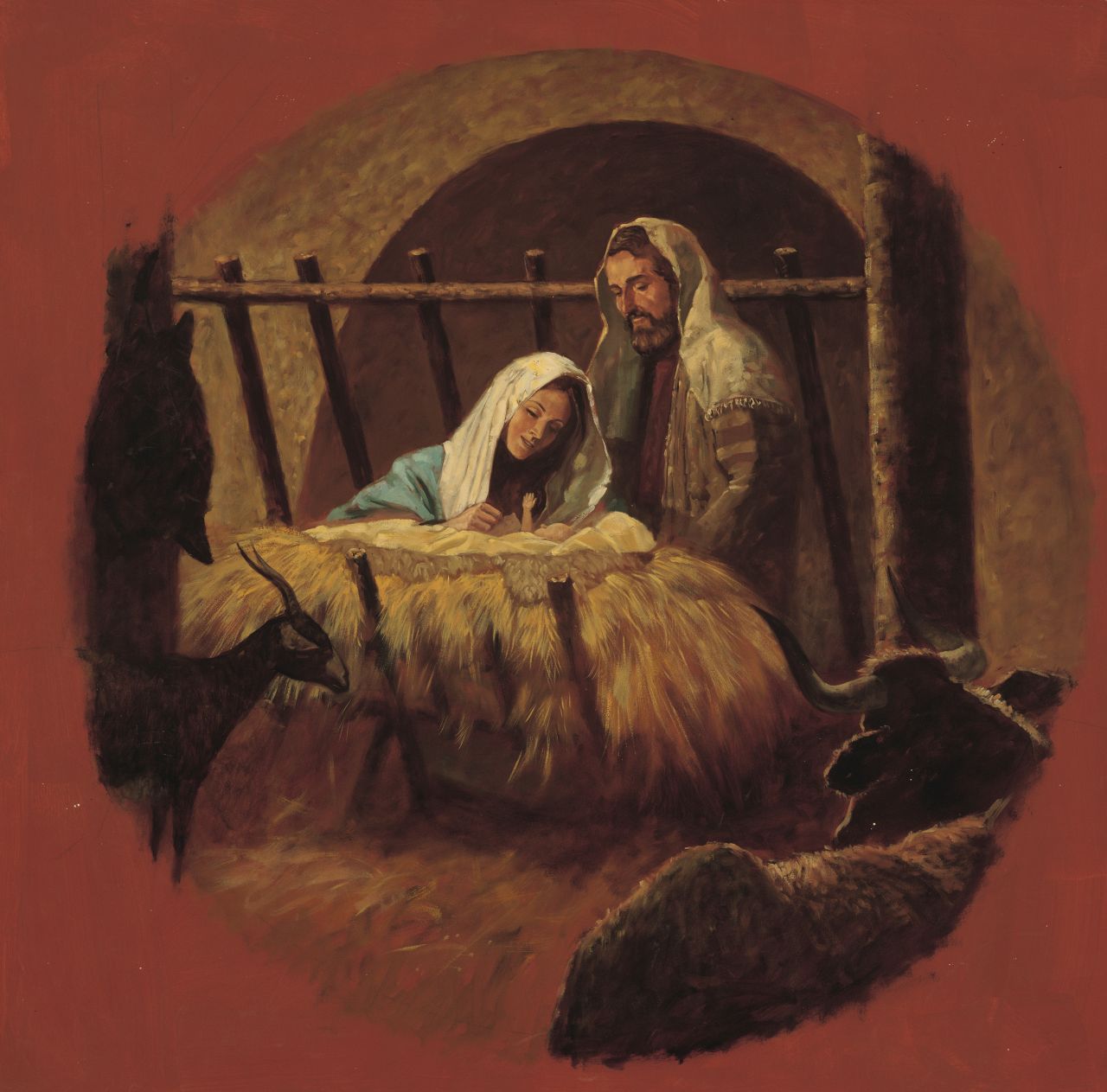 Tableau de Marie et Joseph agenouillés devant une mangeoire