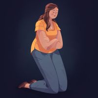 A woman folds her arms and kneels in prayer