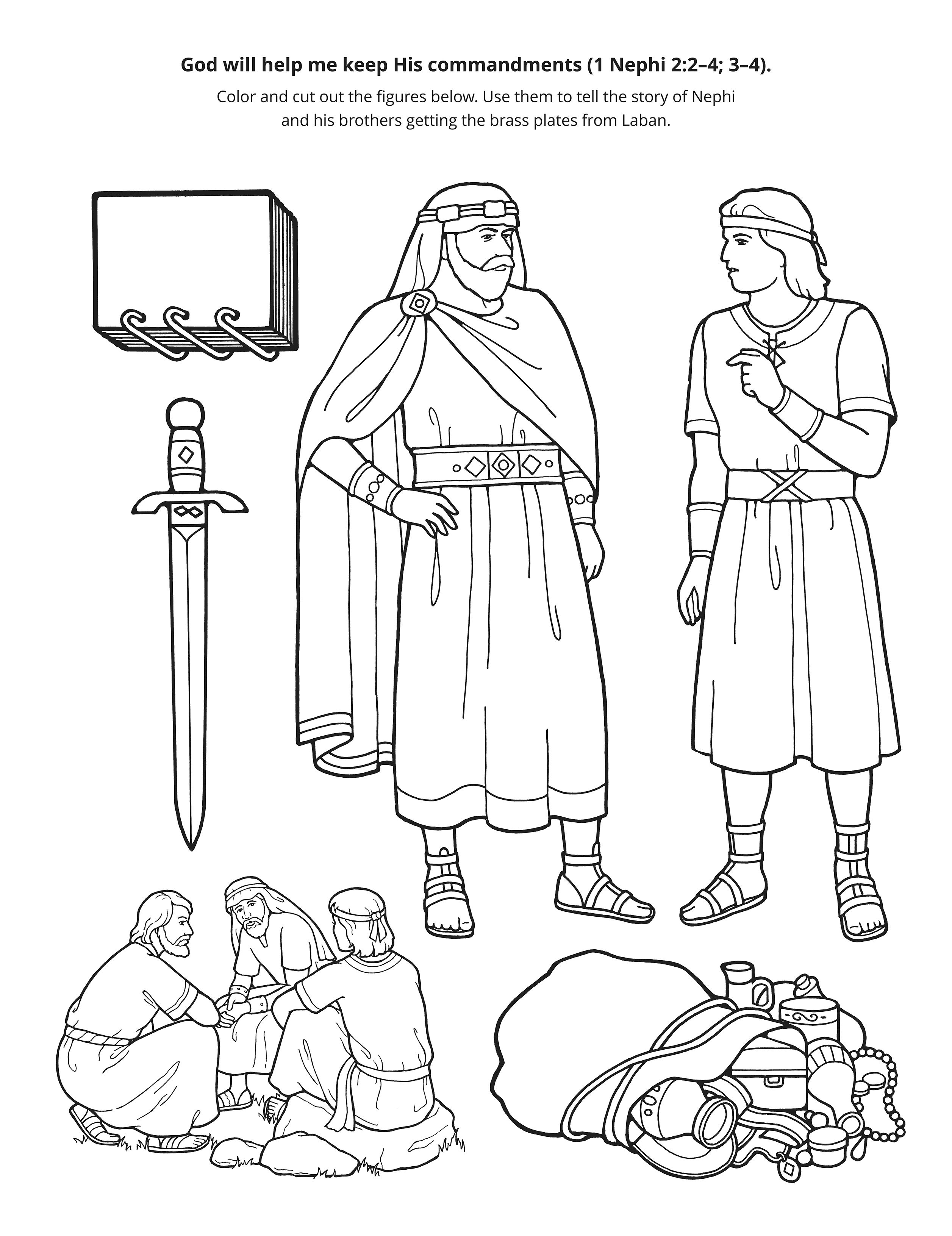Line art of Nephi and Laban with plates.