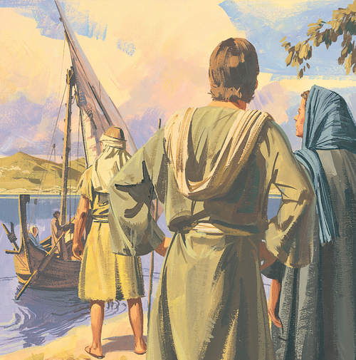 men watching boat leave