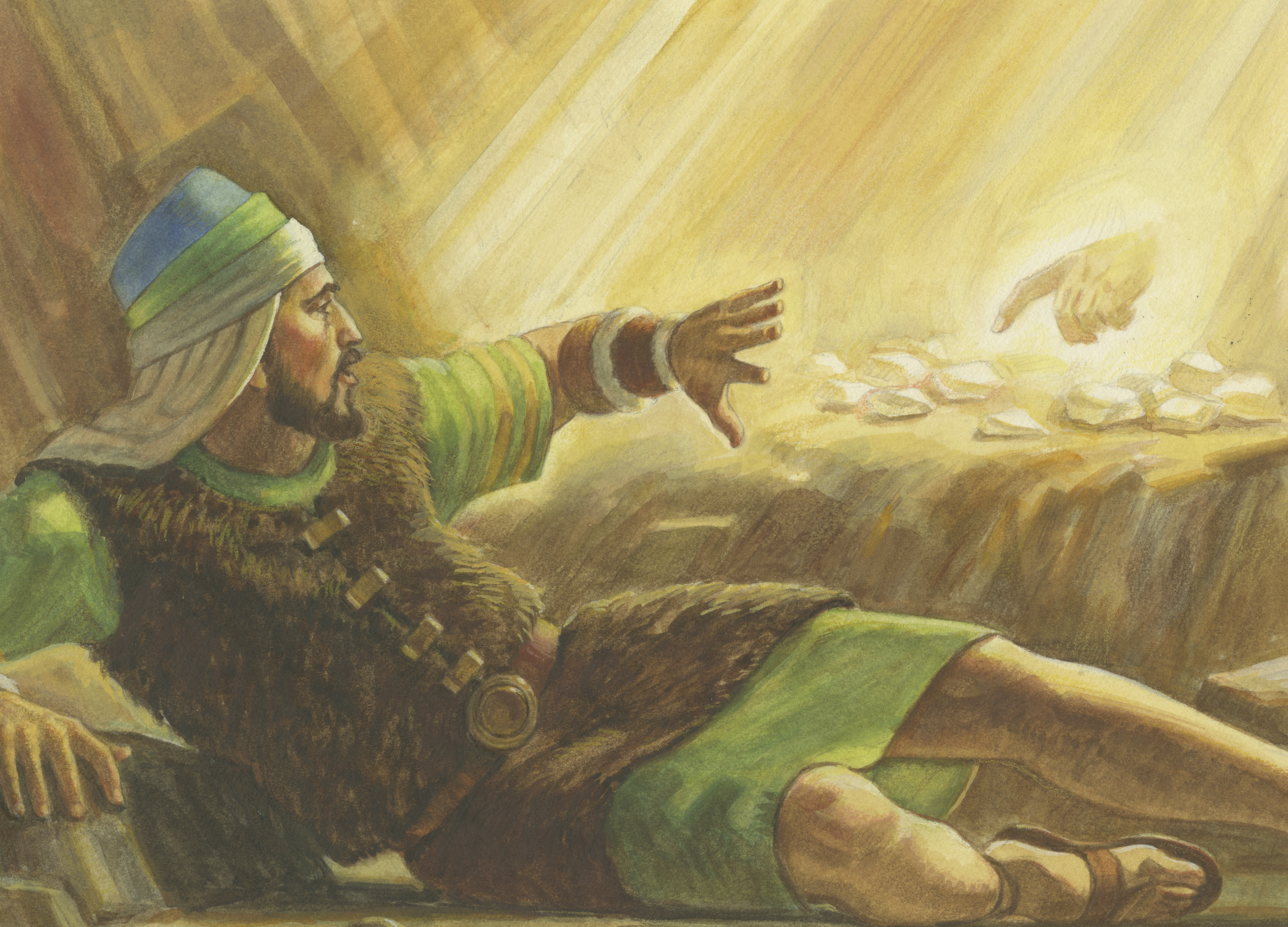 A painting by Robert T. Barrett depicting the brother of Jared seeing the finger of the Lord; Primary manual 4-52