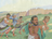 King and followers running away