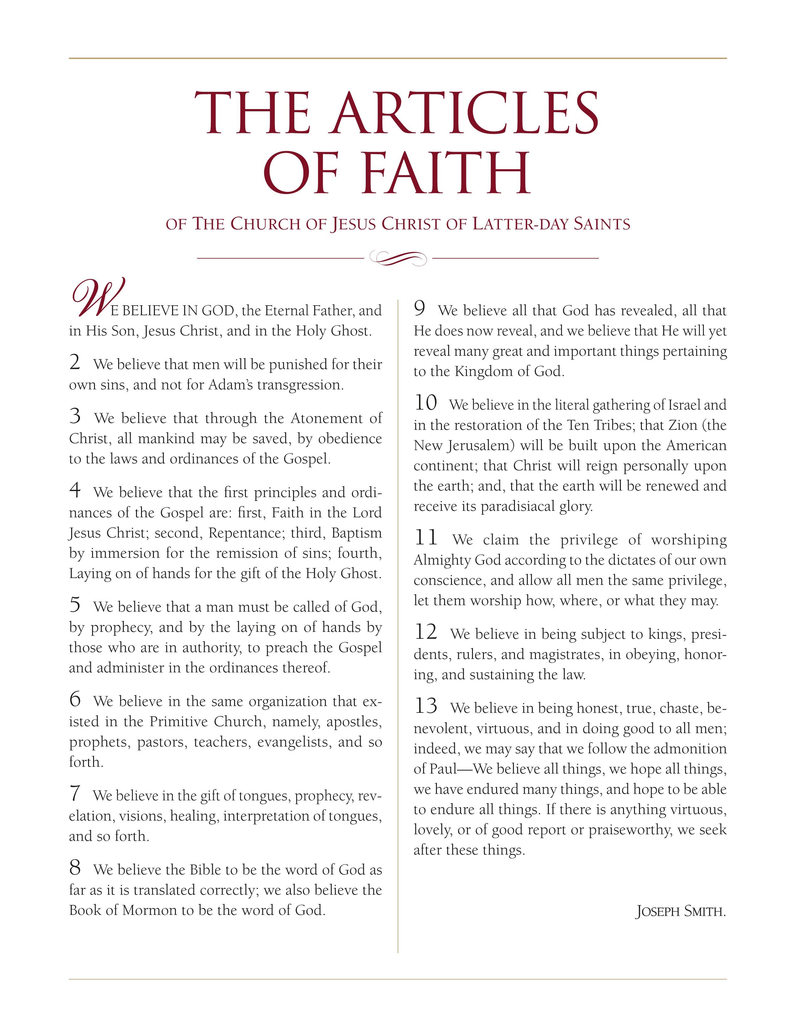 The official poster of “The Articles of Faith of The Church of Jesus Christ of Latter-day Saints.”
