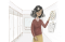 A woman looking at a paper on the wall of a bathroom