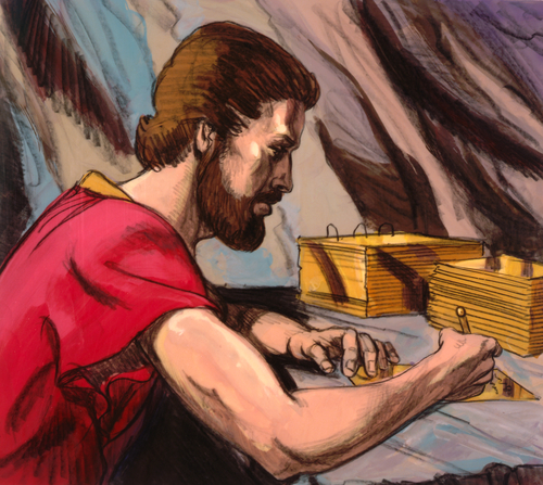 Nephi writing on brass plates