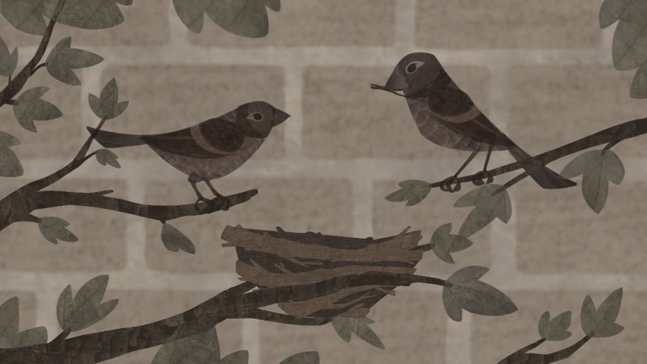 Animación de dos pájaros y un nido en las ramas de un árbol