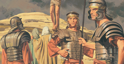 soldiers standing by the cross