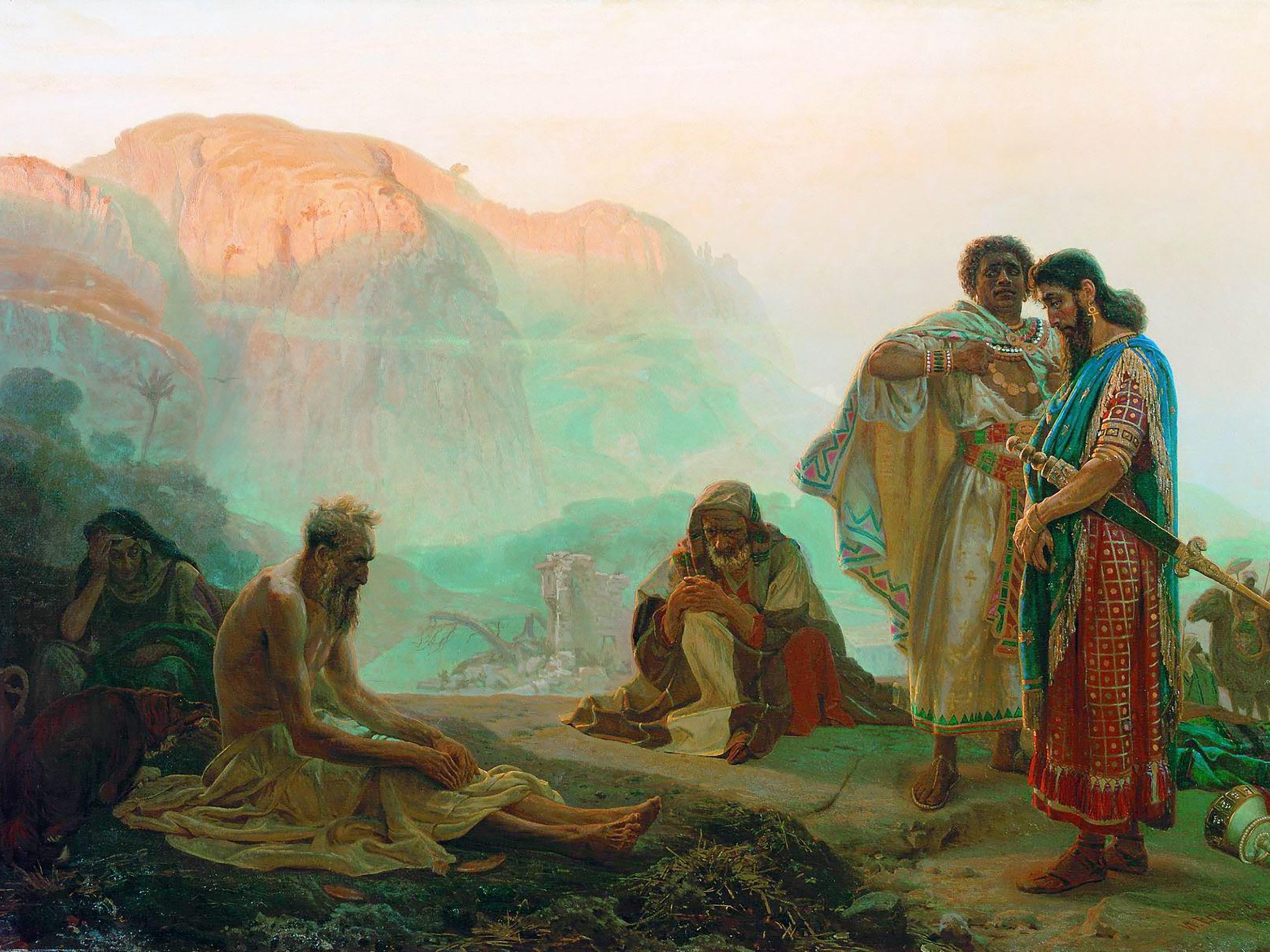 Painting of Job in an impoverished condition as his wife grieves behind him and three men observe.