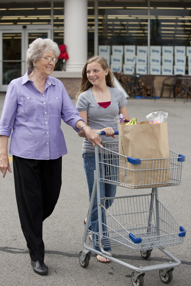 A child helping an elderly neighbor with groceries