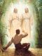 A painting by Del Parson of Joseph Smith kneeling in a grove of trees while looking up to see God the Father and Jesus Christ standing in the air in white robes with outstretched arms.