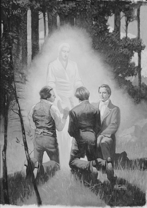 An angel showing the gold plates to Joseph Smith, Oliver Cowdrey and David Whitmer