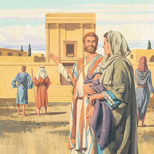 Joseph, Mary, and baby Jesus at temple
