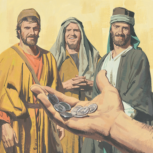 man giving three servants money