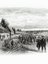 engraving of groups of men marching past log homes with people watching them