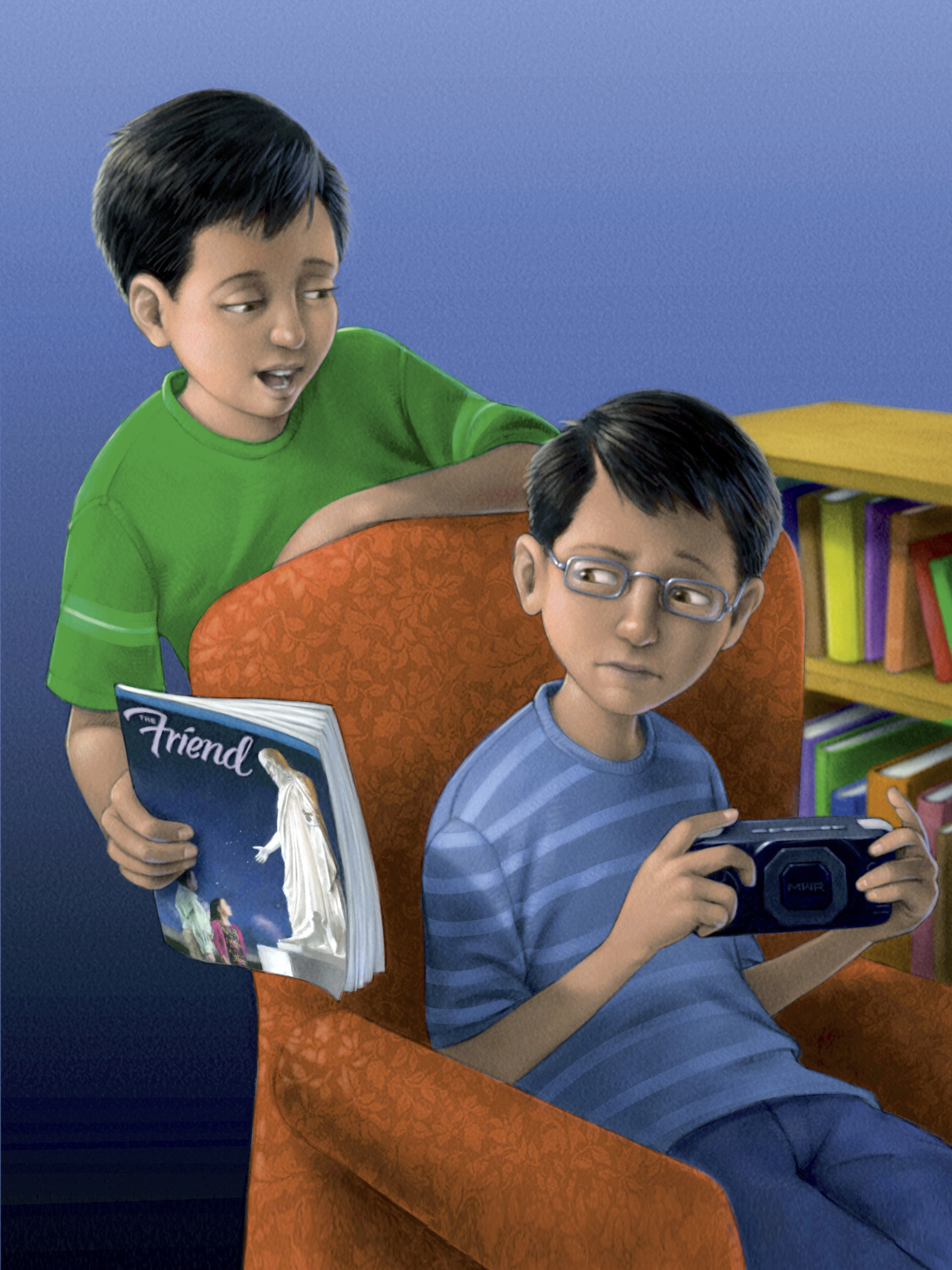 A boy tries to share a copy of the Friend magazine with his brother, who is sitting on a chair.