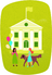 Children with balloons and walking a dog.