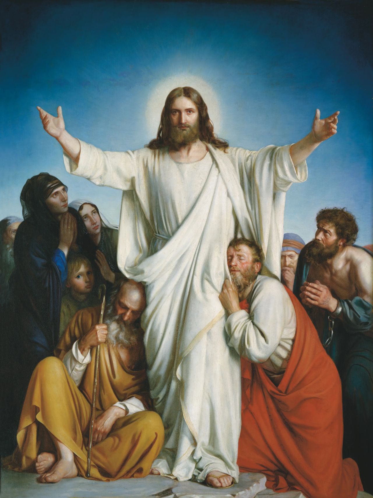 Jesus with a multitude of people at His feet