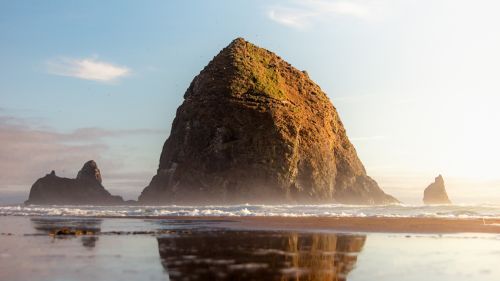 Haystack Rock in Cannon Beach, Oregon. An intertidal rock formation along the Pacific coastline.