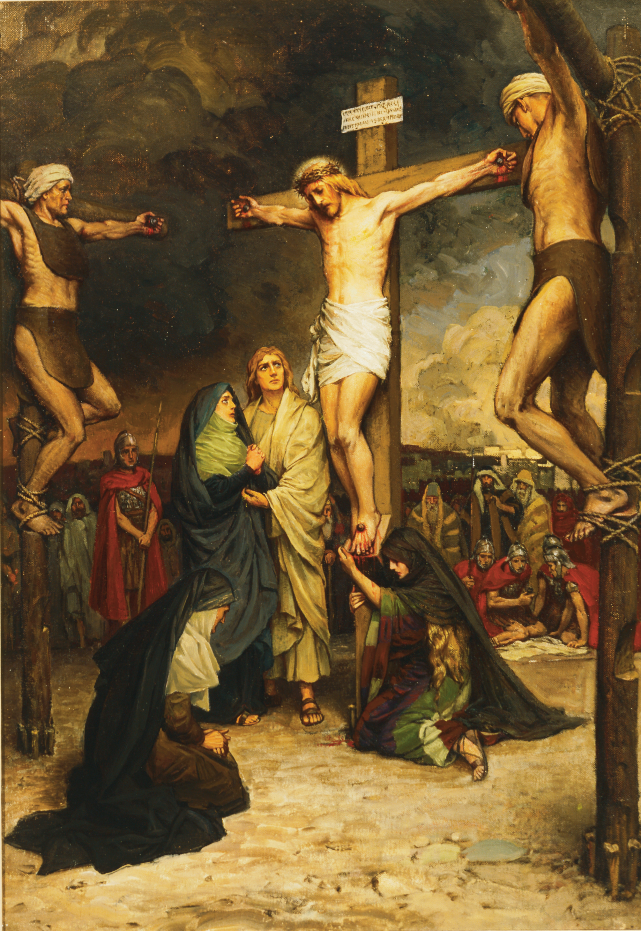 Jesus Christ is crucified between two thieves while His mother Mary and John the beloved mourn at the cross
