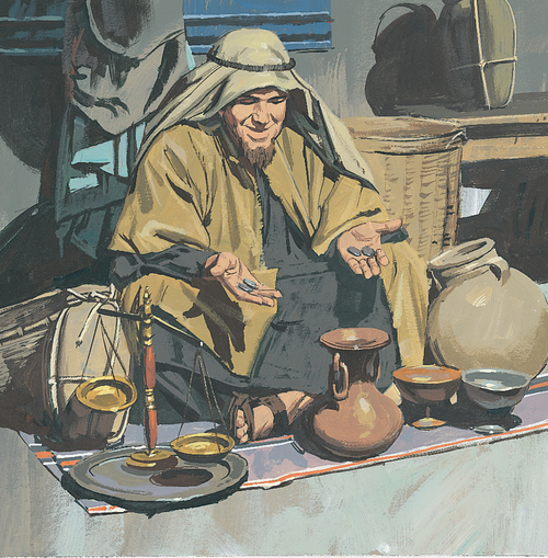 man weighing money