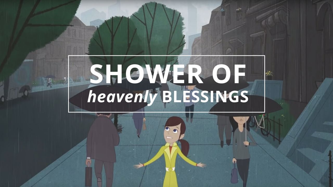 A woman walks down a rainy street with her arms open in the video Shower of Heavenly Blessings