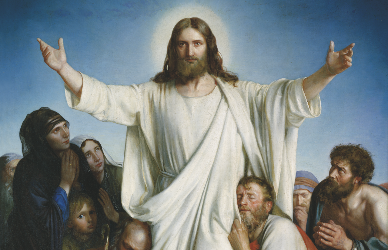 Jesus Christ holding up his arms being surrounded by people coming to Him