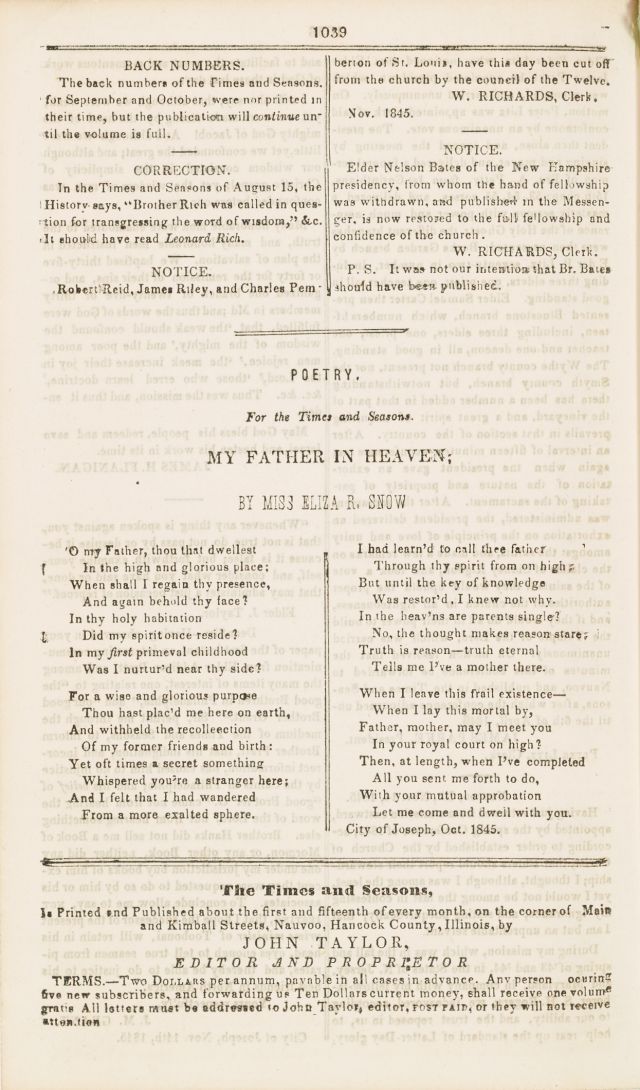 Eliza R. Snow poem “My Father in Heaven”