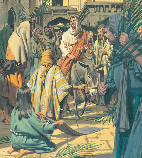 Jesus riding through Jerusalem on donkey