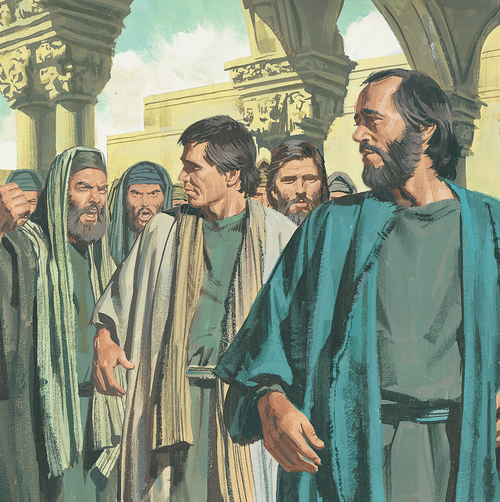 men shouting at Paul