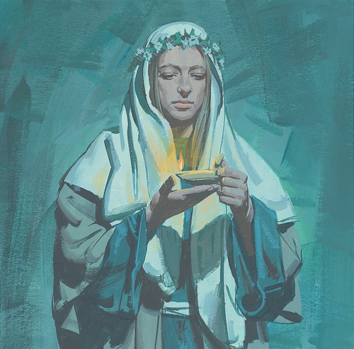 woman looking at oil lamp