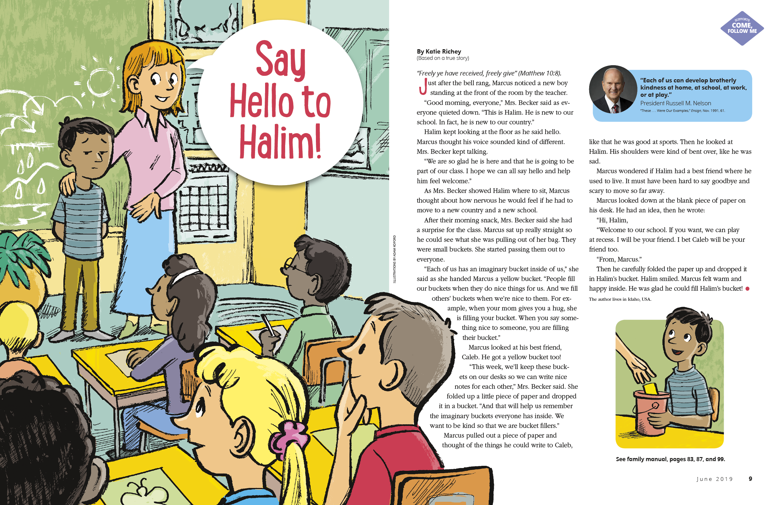 a teacher introducing a boy at the front of the class