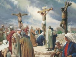 Jesus Christ on the cross with people gathered around him