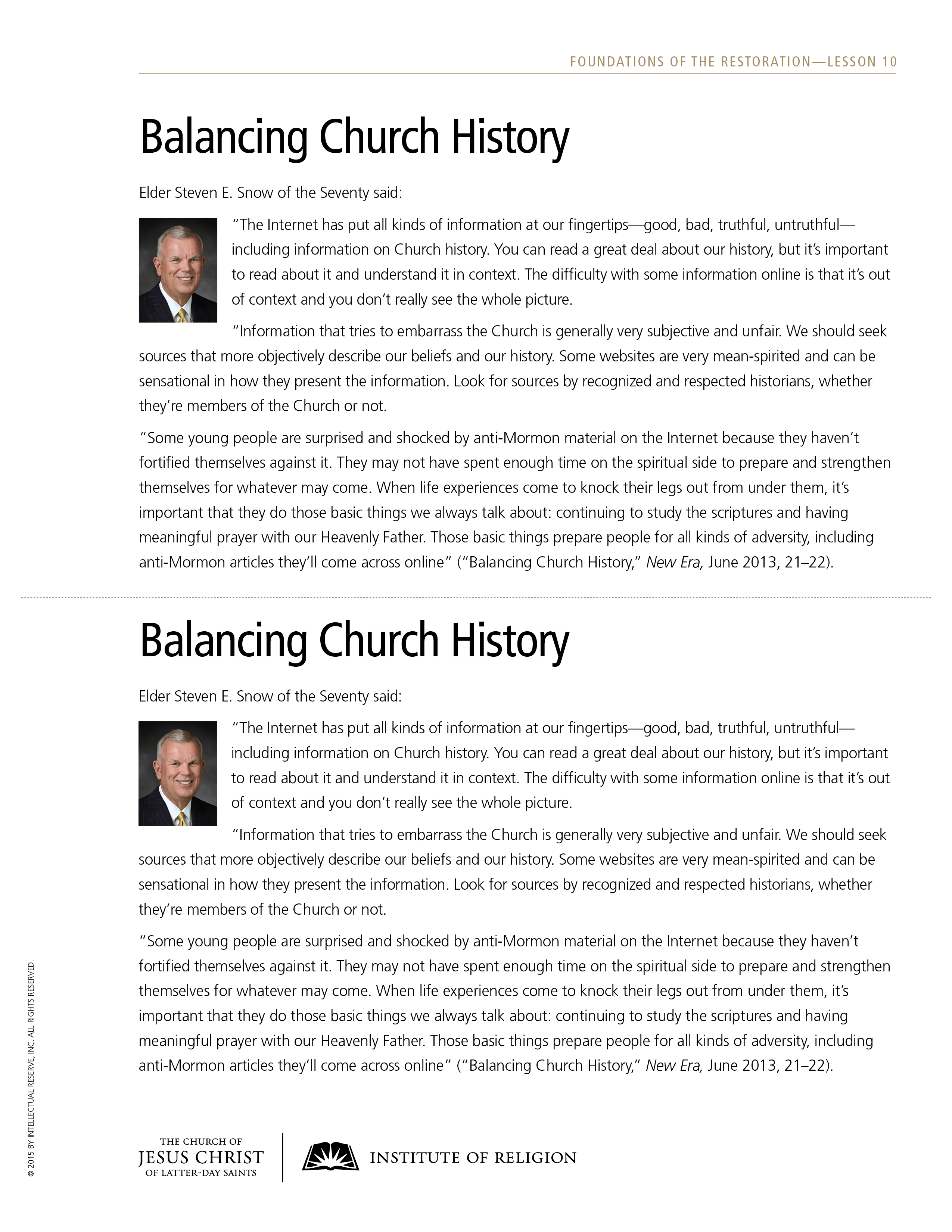 handout, Balancing Church History