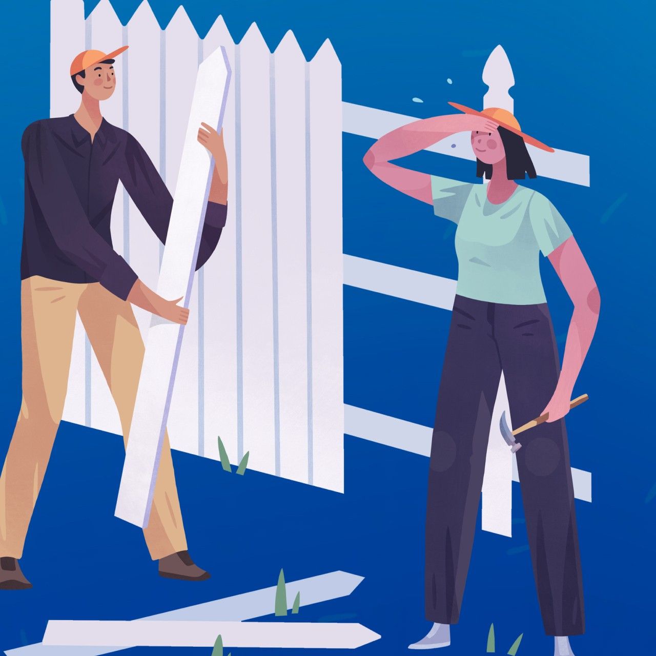 An illustration of a man helping to build his neighbor’s fence