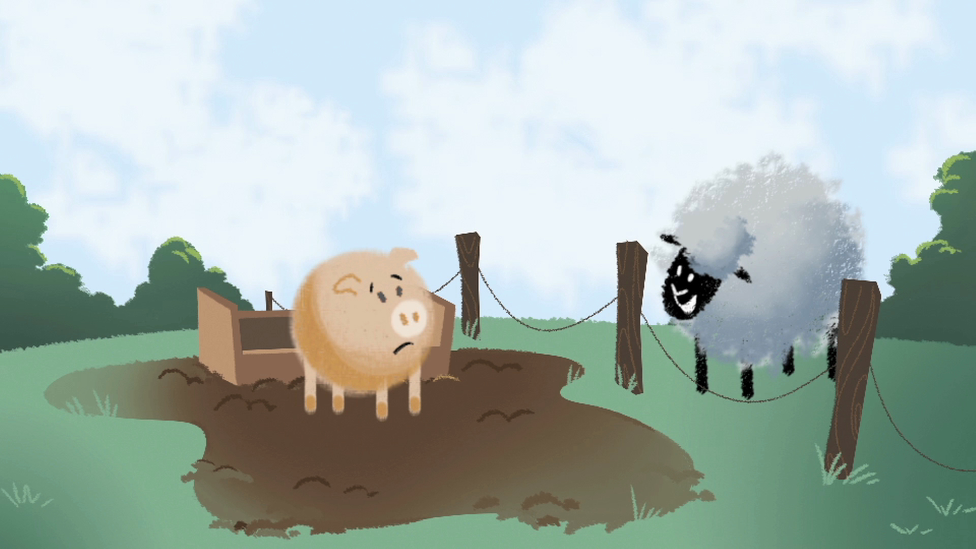 An animated image of a pig standing in mud on the other side of the fence of a lamb.