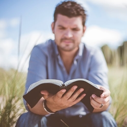 A man studies the scriptures in a field learning about God
