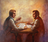 pintura de dos hombres que trabajan juntos con papeles sobre una mesa
