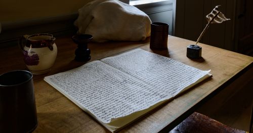 Book of Mormon manuscript on table