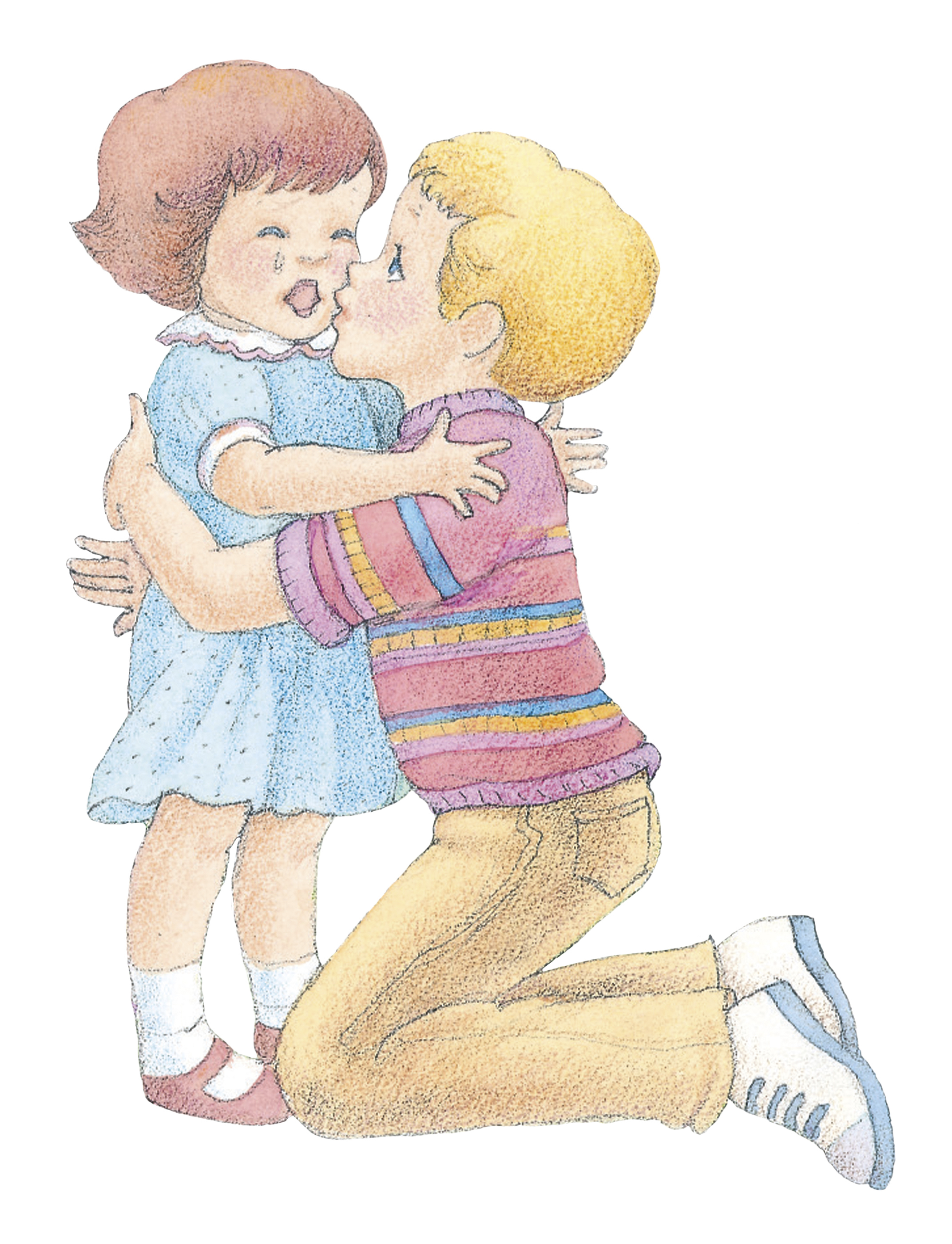A young boy comforting his crying sister. From the Children’s Songbook, page 78, “I’m Trying to Be like Jesus”; watercolor illustration by Phyllis Luch.