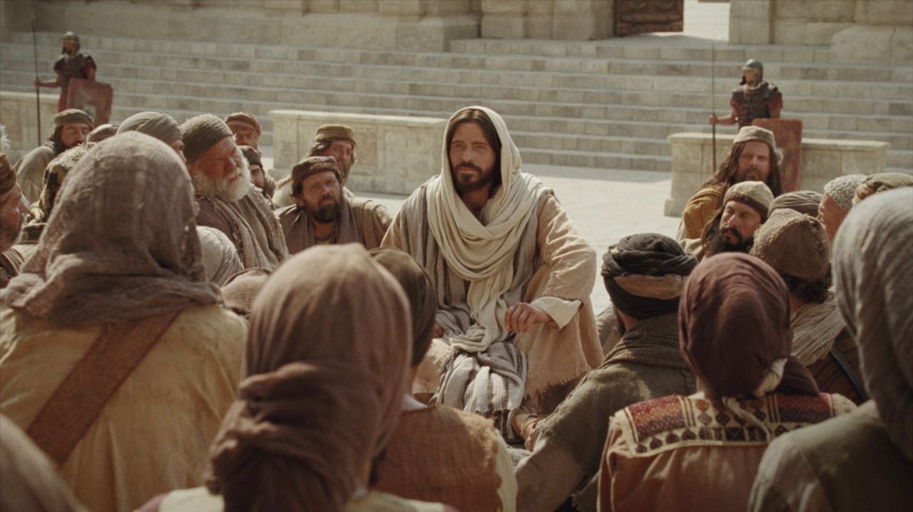 Jesus Christ talks to a man at the Pool of Bethesday