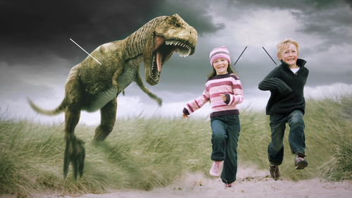 Dinosaur chasing children