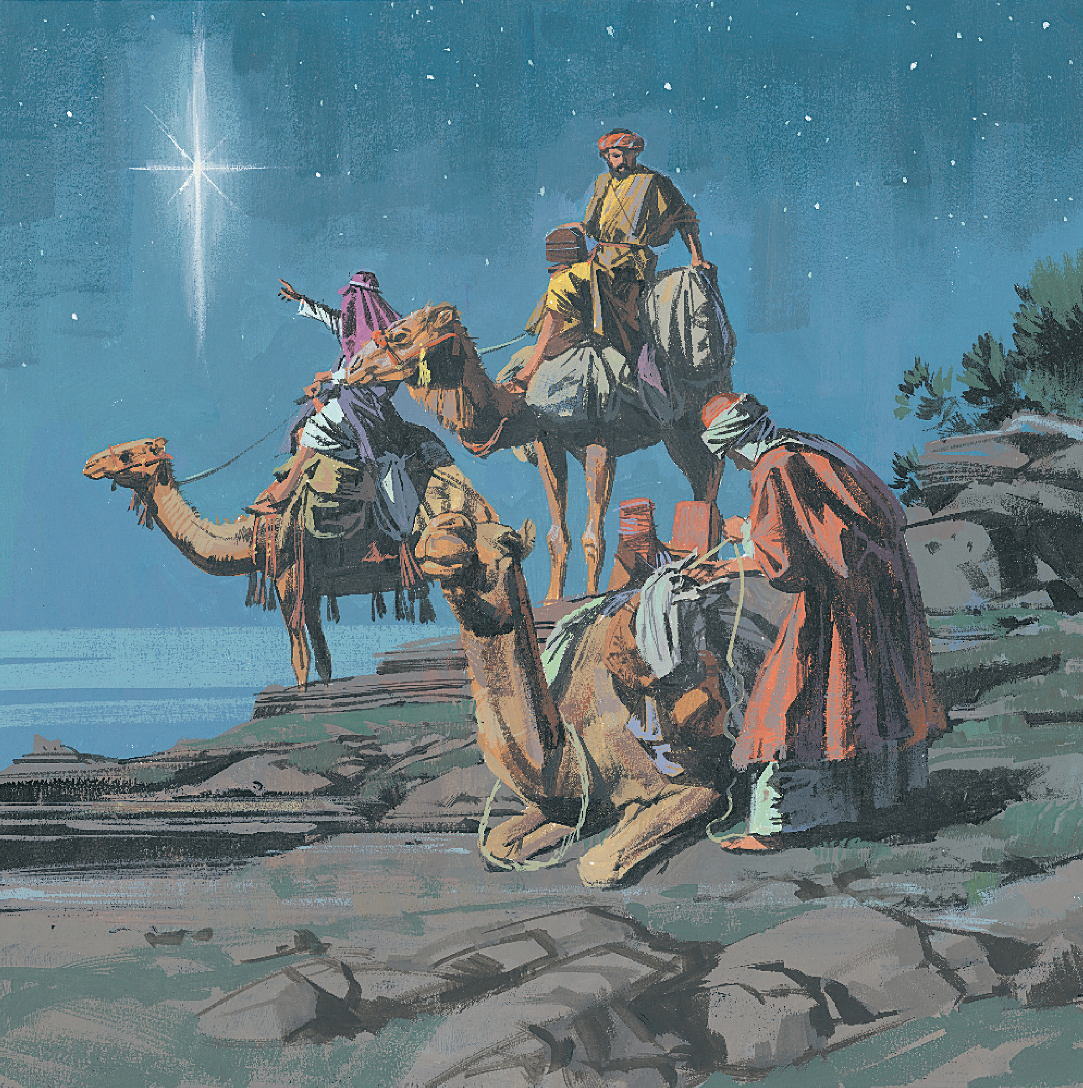 The three Wise Men follow the star to find the baby Jesus.