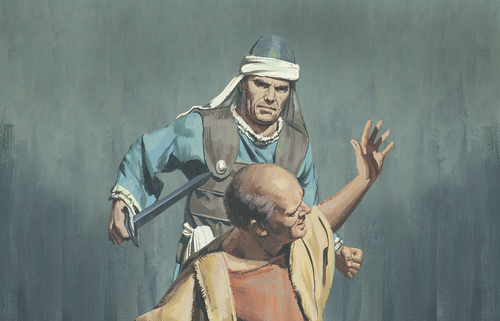 soldier threatening man