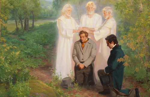 Peter, James, and John confer the Melchizedek Priesthood.