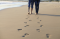 Couple Walking Across Beach Shoreline Leaving Footprints