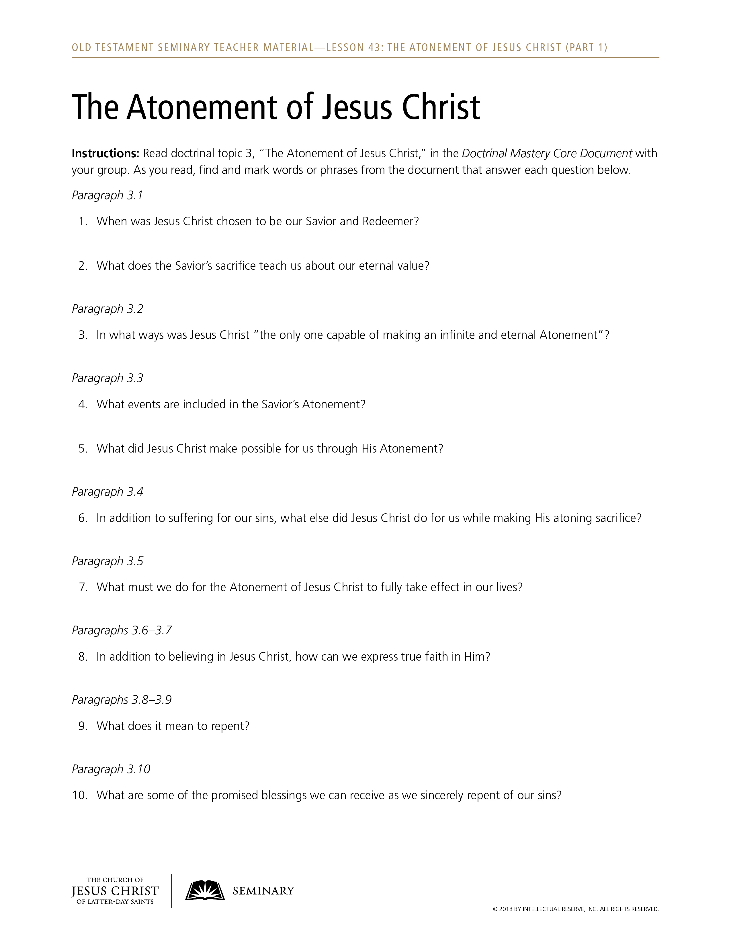 Lesson 43: The Atonement of Jesus Christ (Part 1)