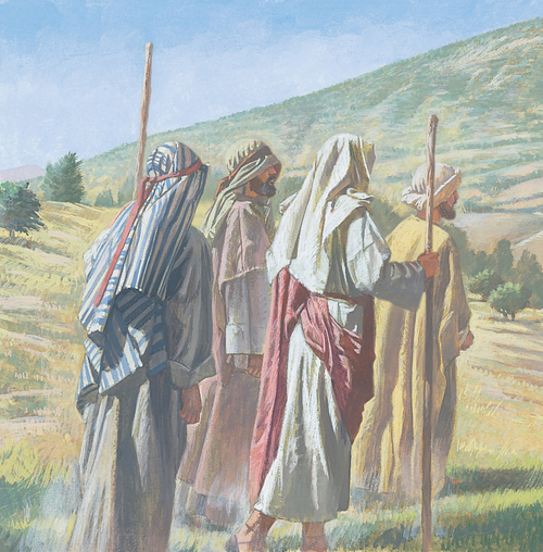 Jesus, Peter, James, and John walking