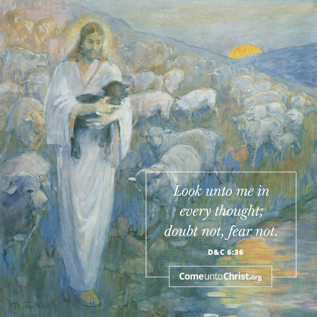 Jesus Christ stands in the midst of a flock of sheep