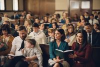 A congregation sits in a chapel learning about the restoration of the Church of Jesus Christ